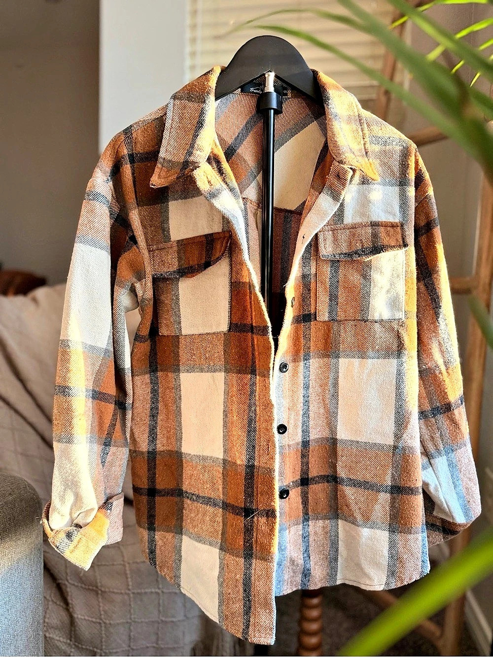 Neutral Plaid Oversized Shacket Shirt Jacket Size S Trendy Queen